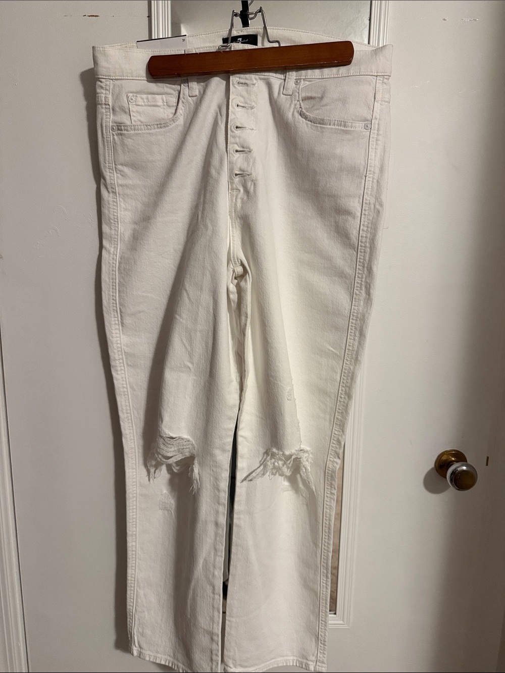 7 For All Mankind White Bootcut Button-Fly Distressed Jeans